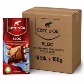   Côte d’Or Bloc Lait Amandes Caramélisées Pointe De Sel Milk Chocolate with Caramelized Almonds and Sea Salt (16 pcs x 180 g)