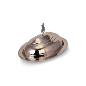   Hanedan Classic Lidded Boat Serving Plate 40 cm – Hand-Hammered, Nickel