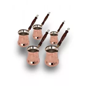   Sultan Turkish Coffee Pot 5-Piece Set – Thin Wooden Handle, Machine Hammered